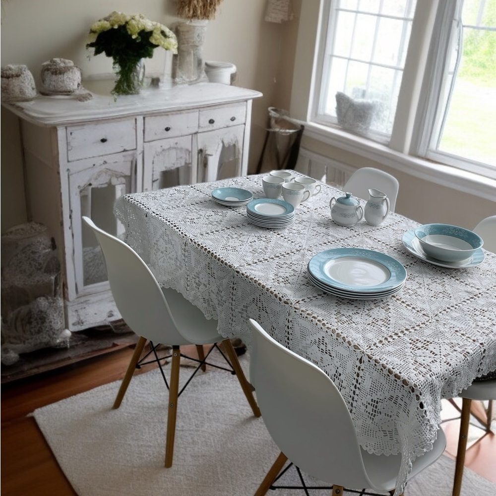 Vintage Handmade 100% Cotton Crocheted Rectangular Table Cloth In White